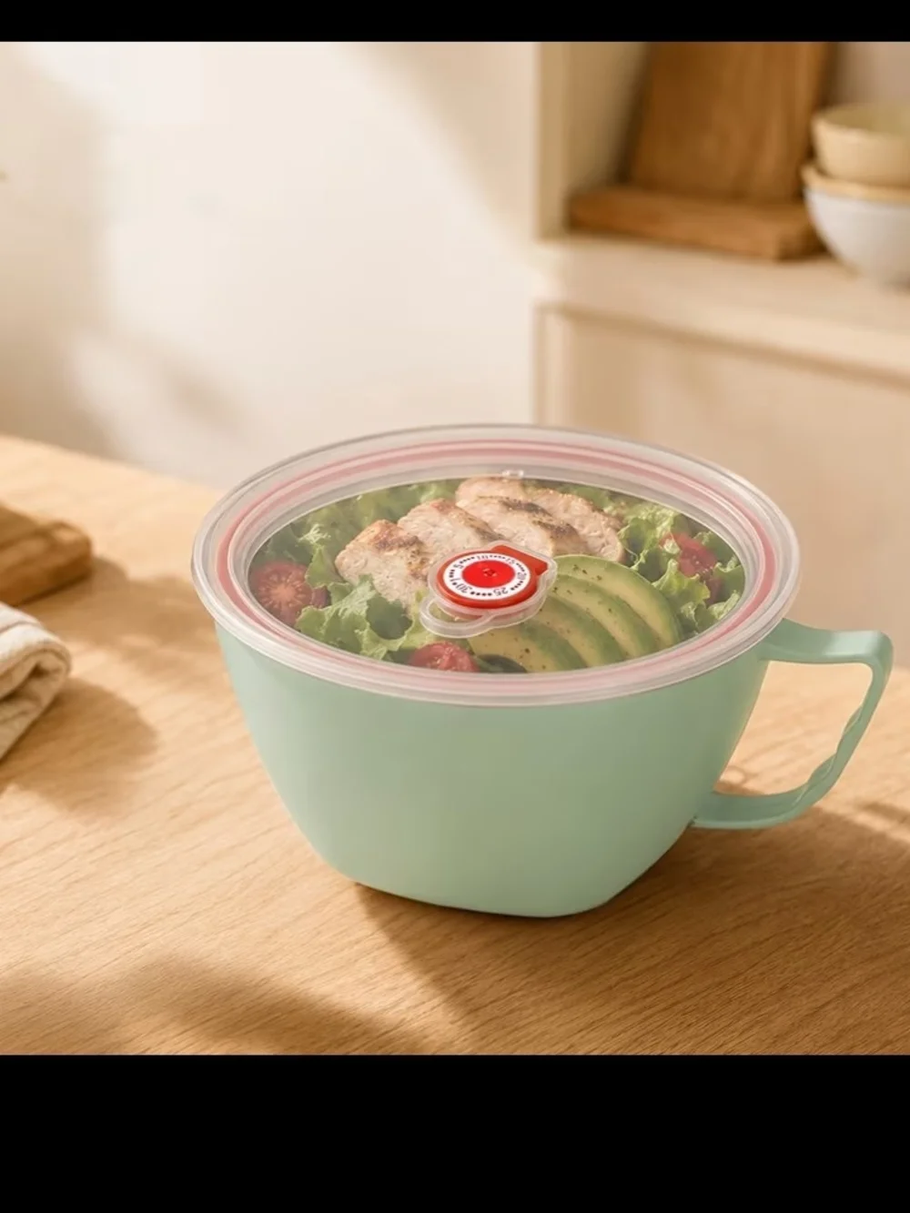 Mint Green Plastic Salad Bowl with Lid and Handle Stainless Steel